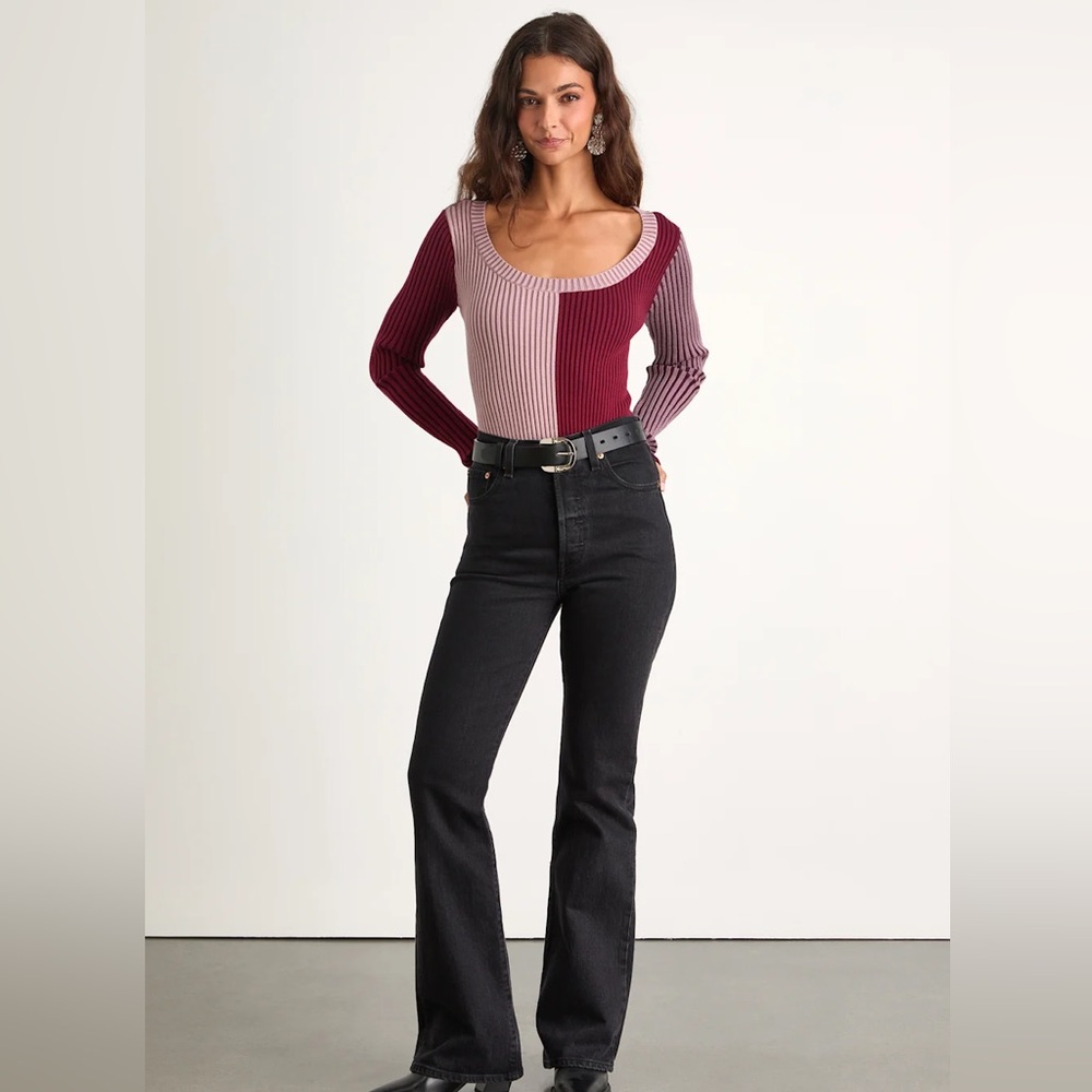 Lulus Mod Cutie Burgundy Color Block Ribbed Long Sleeve Bodysuit Small - Picture 3 of 6